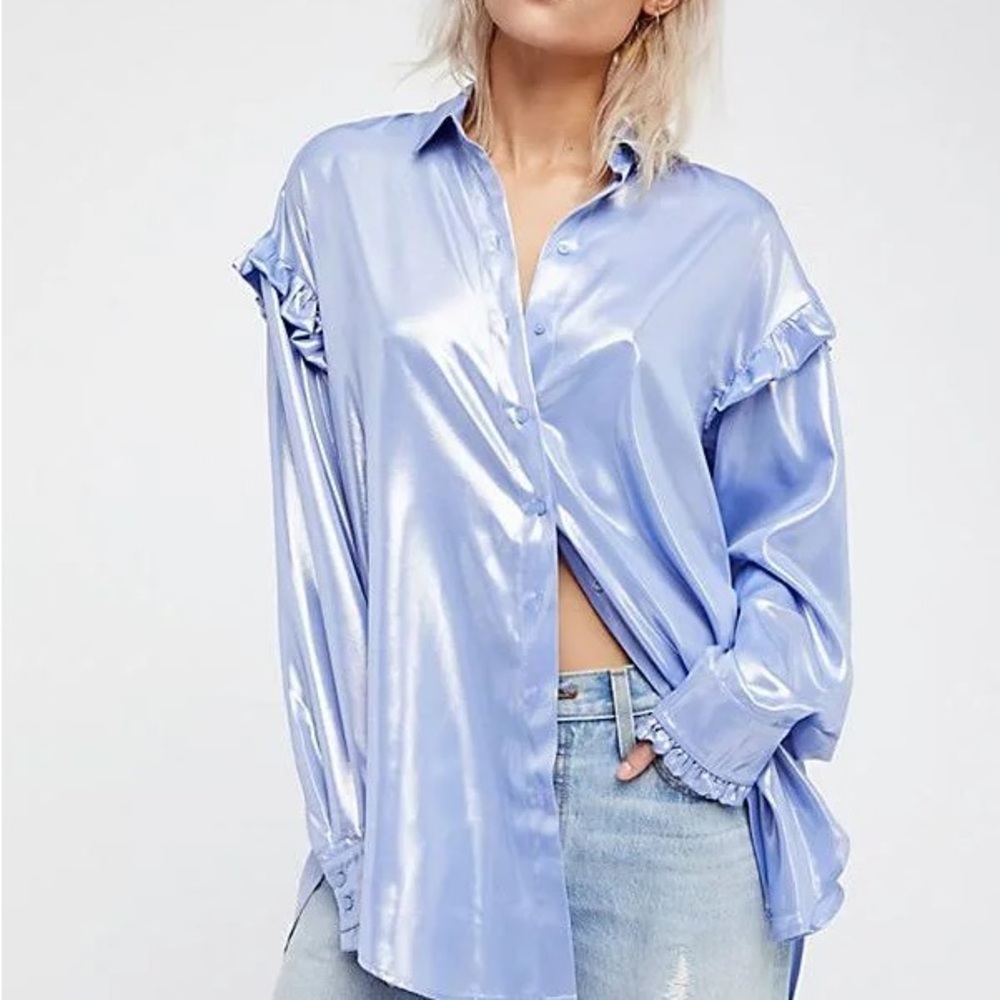 Free People All Your Love Metallic Shimmer Ruffle‎ Button up blouse - XS